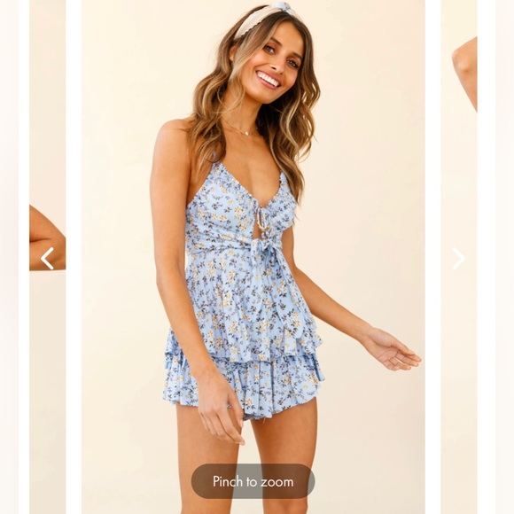 Selfie Leslie SWEET REVENGE SHIRRED NECKLINE BUST TIE ROMPER FLORAL STEEL BLUE - Picture 4 of 5